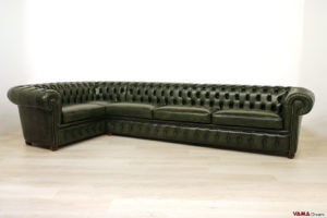 Sofá de esquina Chesterfield a medida en piel verde